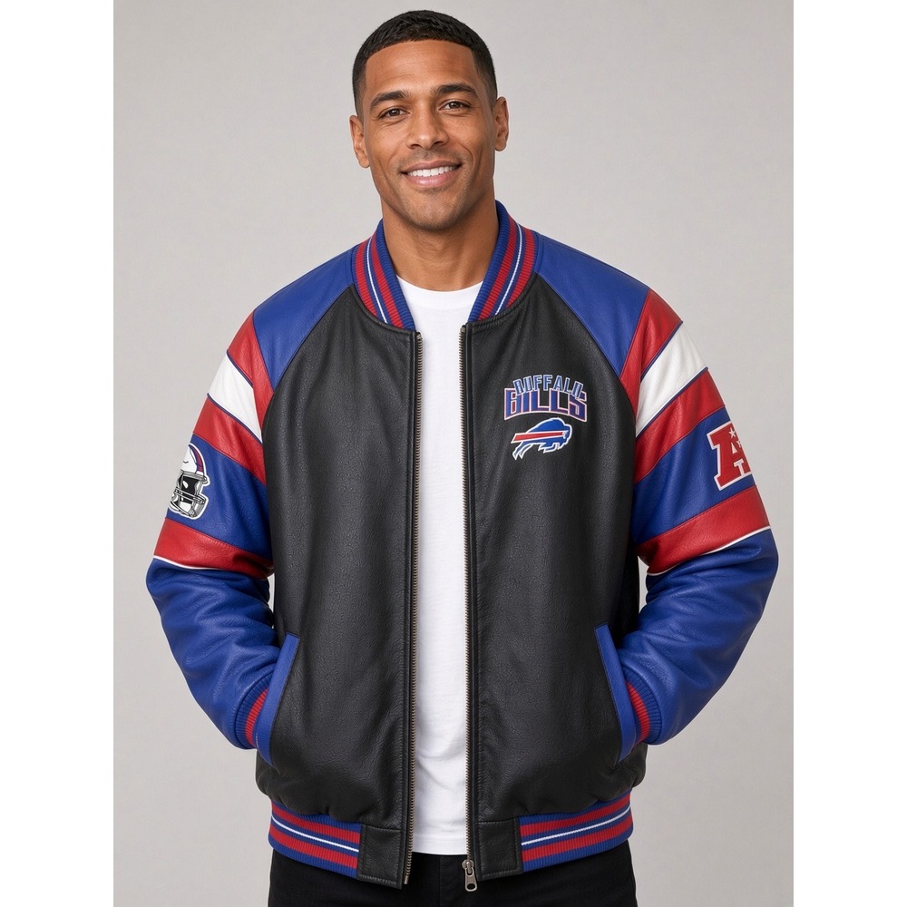 NFL Buffalo Bills Varsity Bomber Jacket Mens XL Black Blue Faux Leather NWT